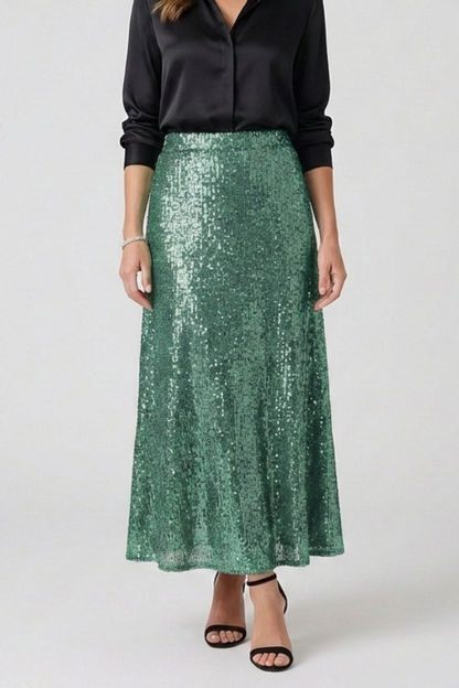 Ellarie | Glittering Fitted Sequin Long Maxi Skirt with Stretch Elastic Waistband