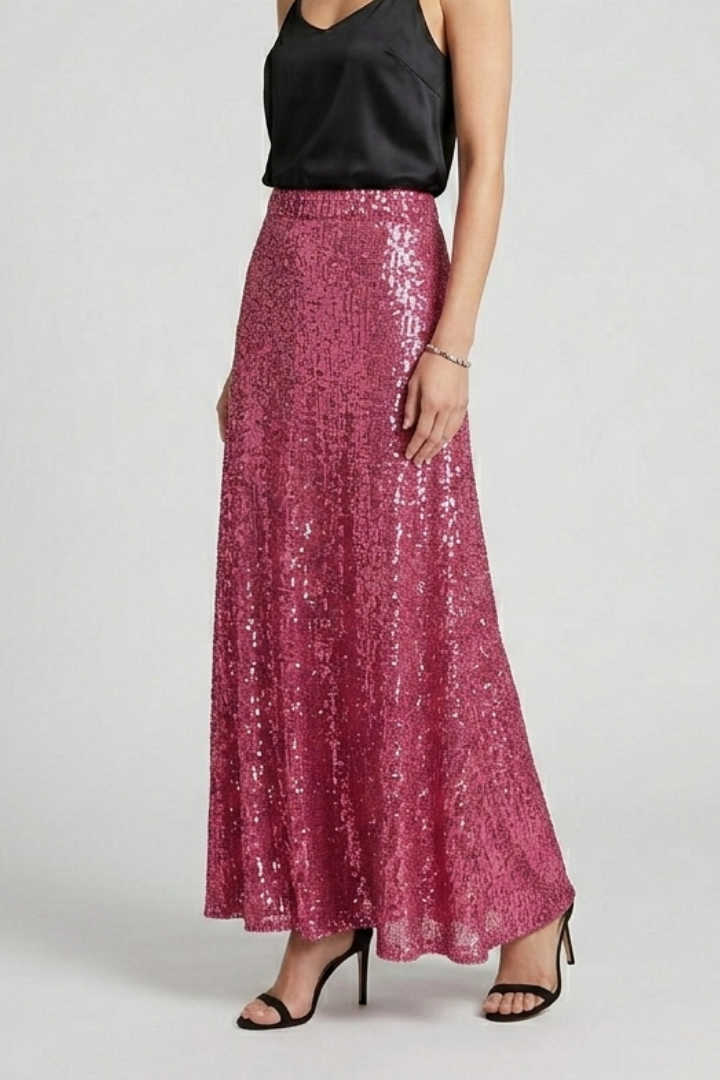 Ellarie | Glittering Fitted Sequin Long Maxi Skirt with Stretch Elastic Waistband