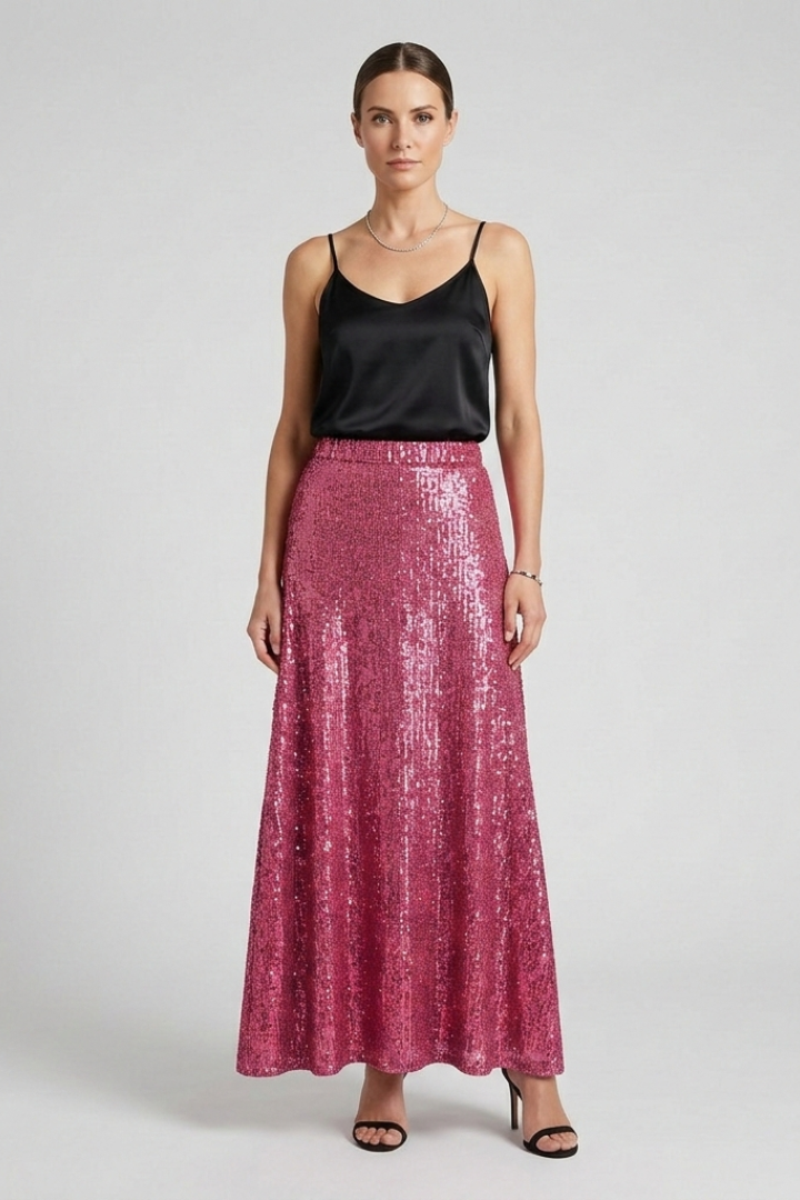 Ellarie | Glittering Fitted Sequin Long Maxi Skirt with Stretch Elastic Waistband