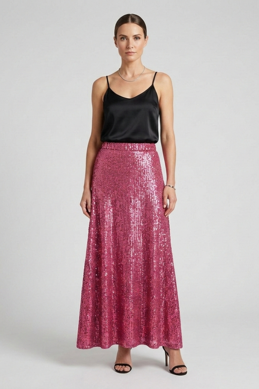 Ellarie | Glittering Fitted Sequin Long Maxi Skirt with Stretch Elastic Waistband