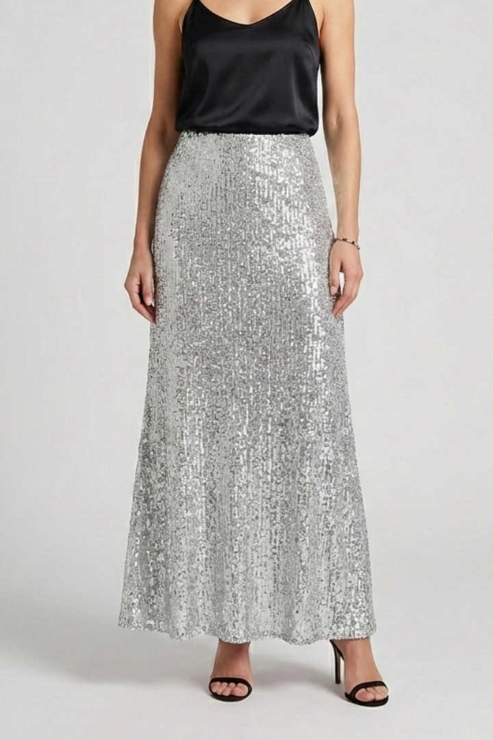 Ellarie | Glittering Fitted Sequin Long Maxi Skirt with Stretch Elastic Waistband