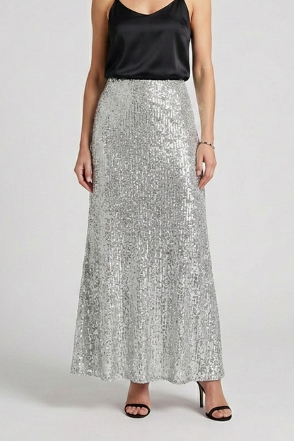 Ellarie | Glittering Fitted Sequin Long Maxi Skirt with Stretch Elastic Waistband
