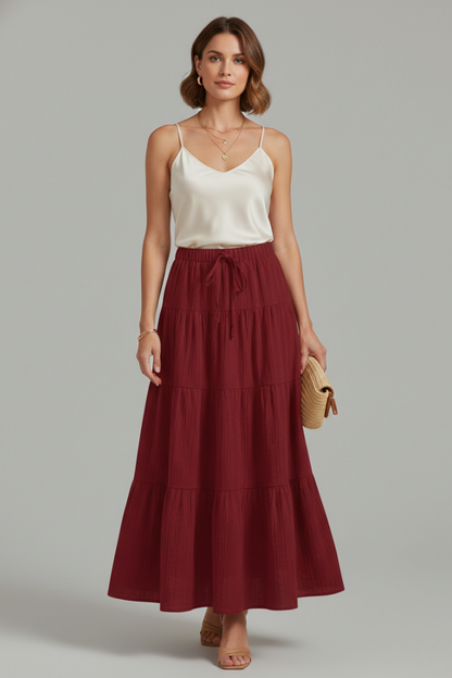 Jasmine | Women's Tiered Maxi Party Skirt with Plain Color Elastic Waist Design