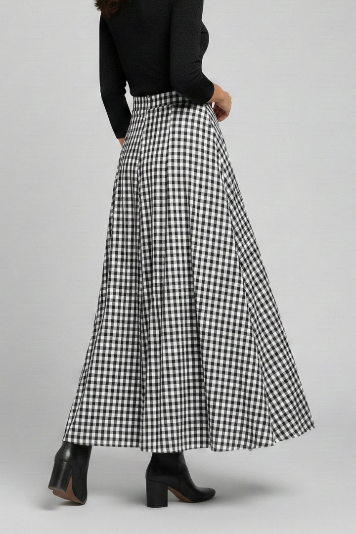 Nayara | Versatile Long Checkered Maxi Skirt with High Waist Fit