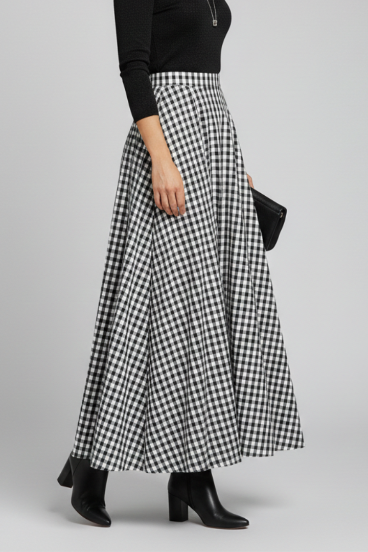 Nayara | Versatile Long Checkered Maxi Skirt with High Waist Fit