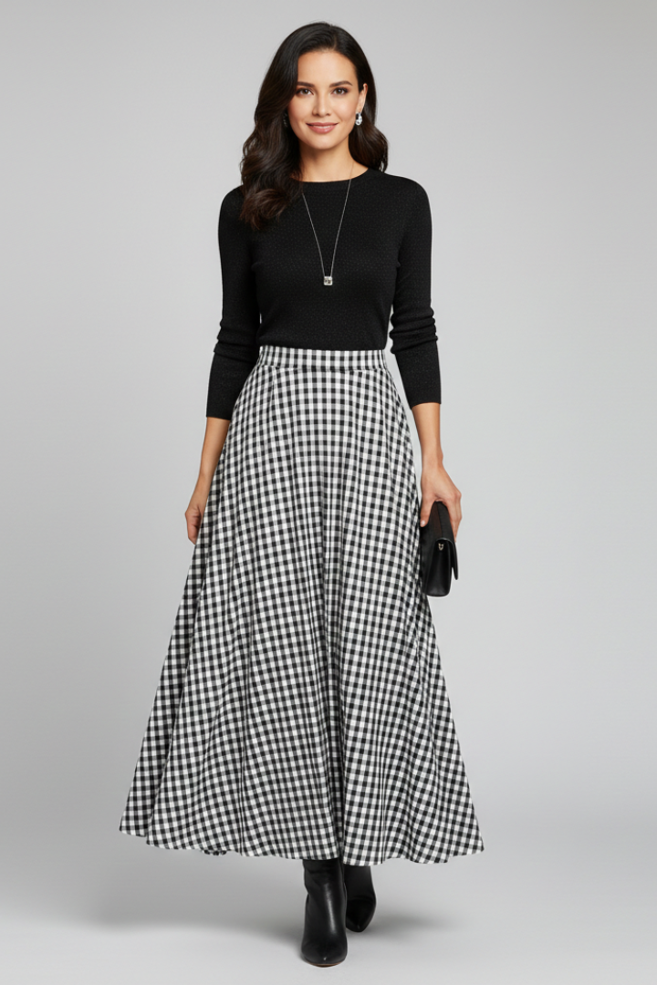 Nayara | Versatile Long Checkered Maxi Skirt with High Waist Fit