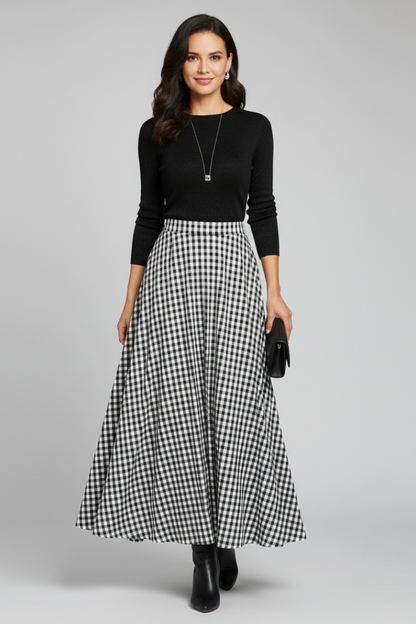 Nayara | Versatile Long Checkered Maxi Skirt with High Waist Fit