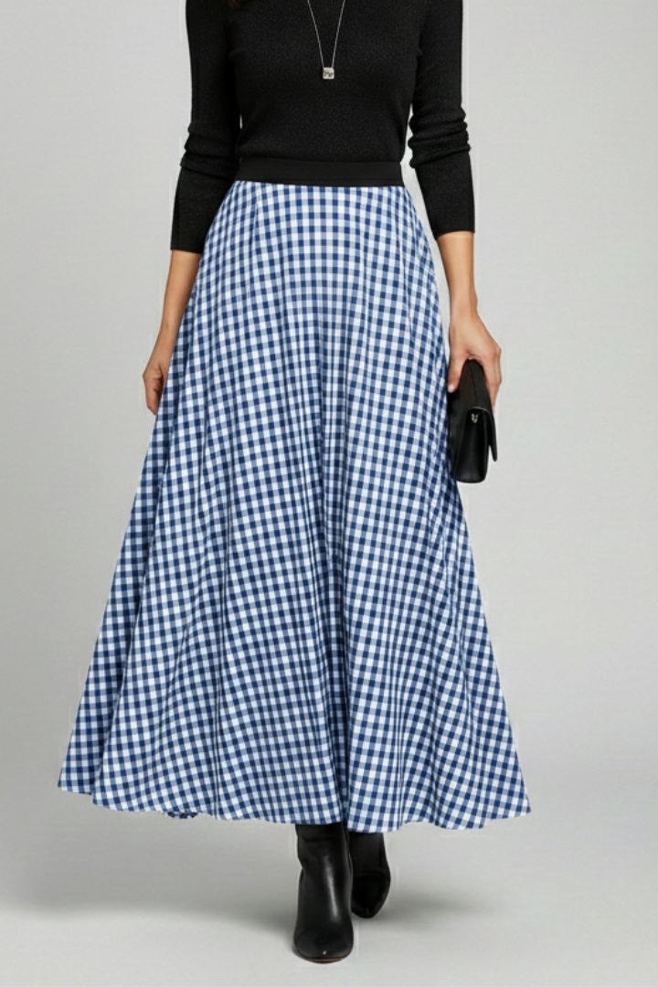 Nayara | Versatile Long Checkered Maxi Skirt with High Waist Fit