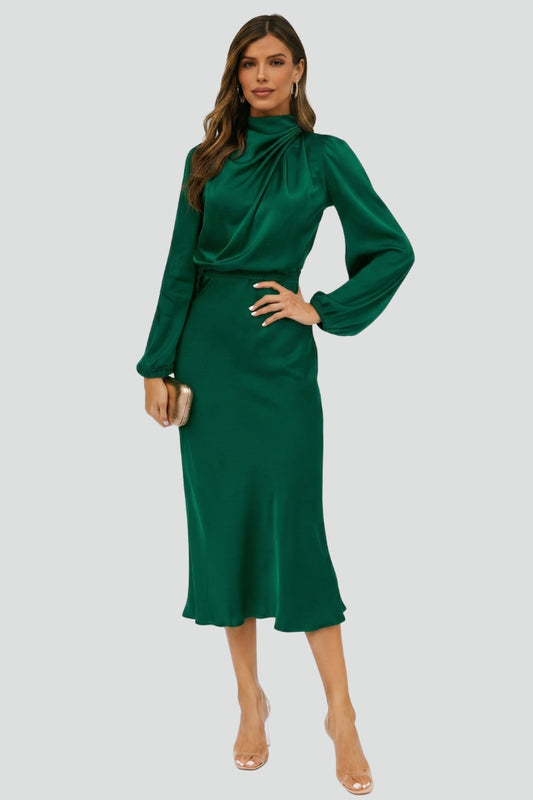 Parisse | Elegant Midi Wedding Guest Dress with Gathered High Neckline Design
