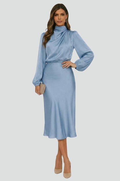 Parisse | Elegant Midi Wedding Guest Dress with Gathered High Neckline Design