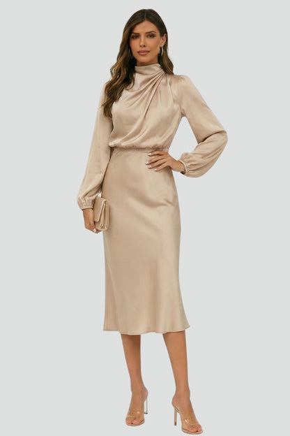 Parisse | Elegant Midi Wedding Guest Dress with Gathered High Neckline Design