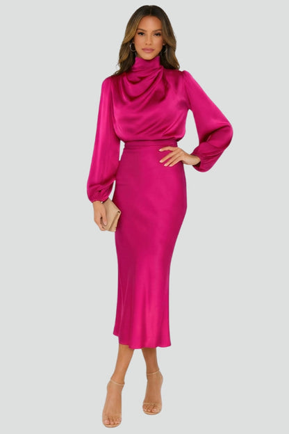 Parisse | Elegant Midi Wedding Guest Dress with Gathered High Neckline Design