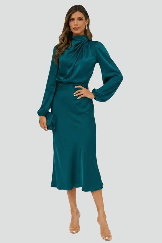 Parisse | Elegant Midi Wedding Guest Dress with Gathered High Neckline Design