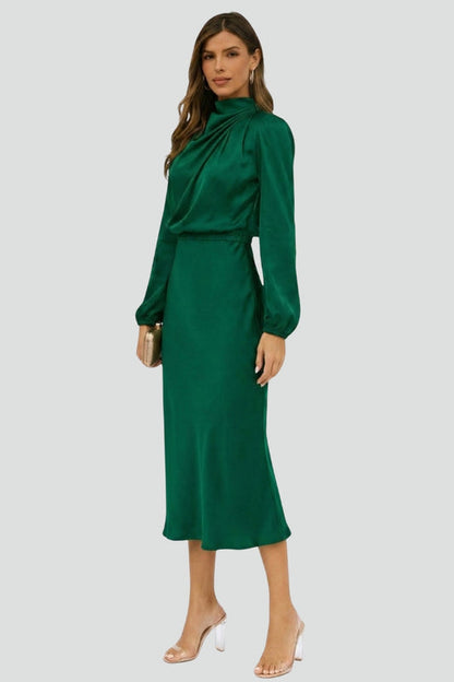 Parisse | Elegant Midi Wedding Guest Dress with Gathered High Neckline Design