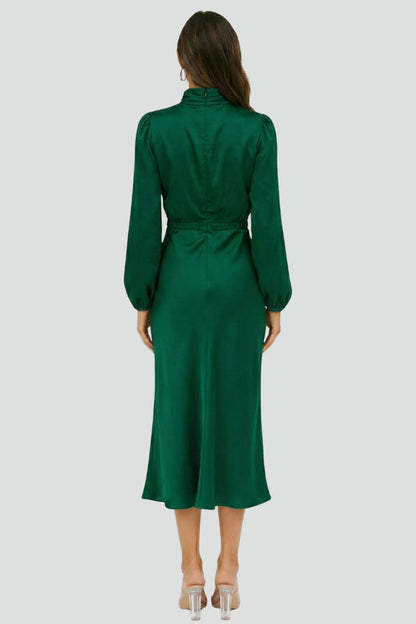 Parisse | Elegant Midi Wedding Guest Dress with Gathered High Neckline Design