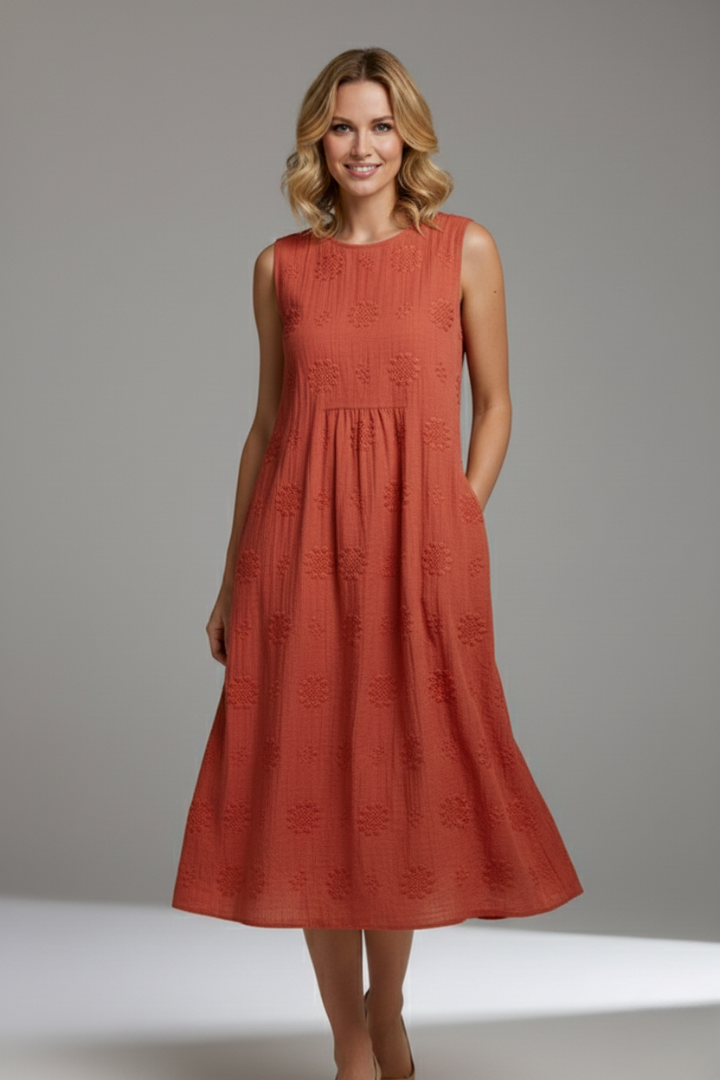 Havilyn | Trendy Loose Pattern Midi Dress with Round Neck and Side Pockets