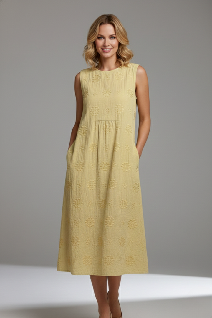 Havilyn | Trendy Loose Pattern Midi Dress with Round Neck and Side Pockets