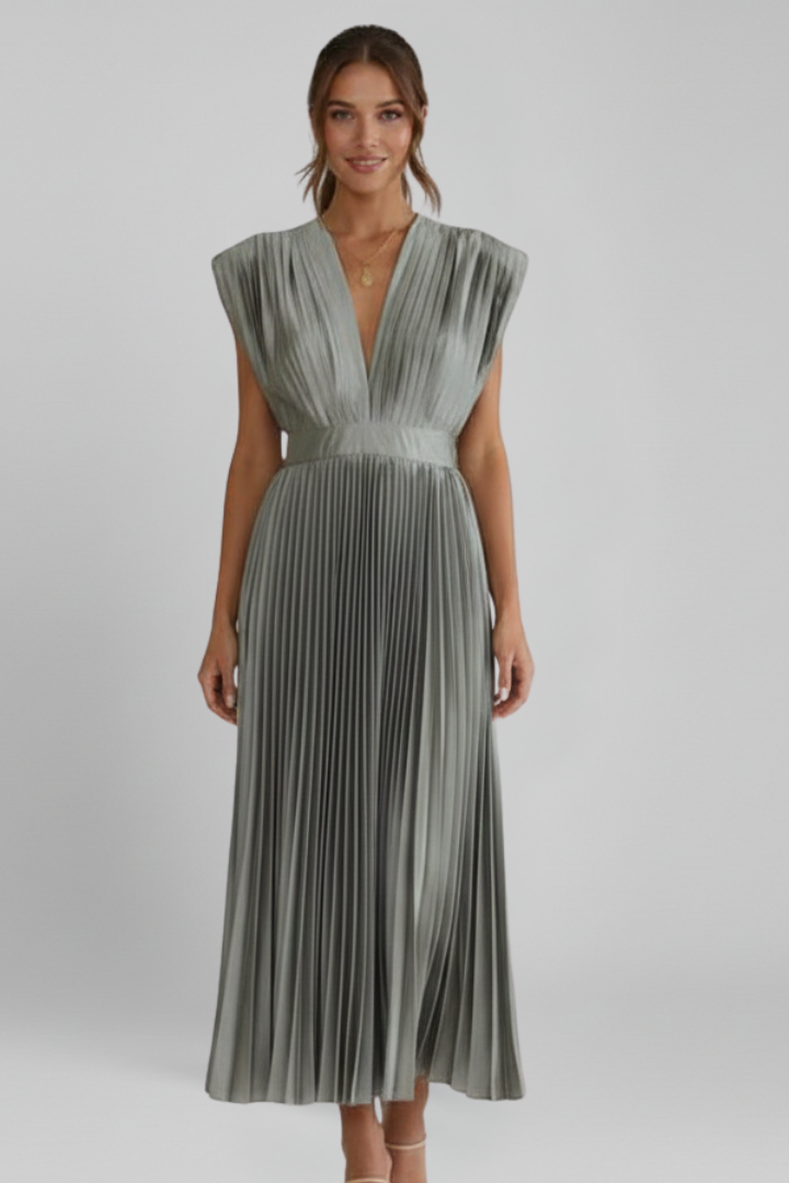 Novara | Classic Long Pleated Party Midi Dress with Elegant V-Neckline
