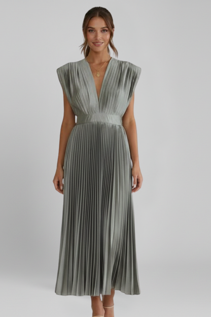 Novara | Classic Long Pleated Party Midi Dress with Elegant V-Neckline