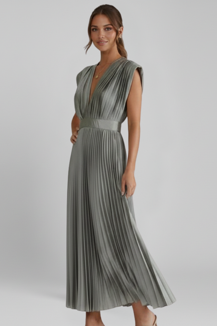 Novara | Classic Long Pleated Party Midi Dress with Elegant V-Neckline