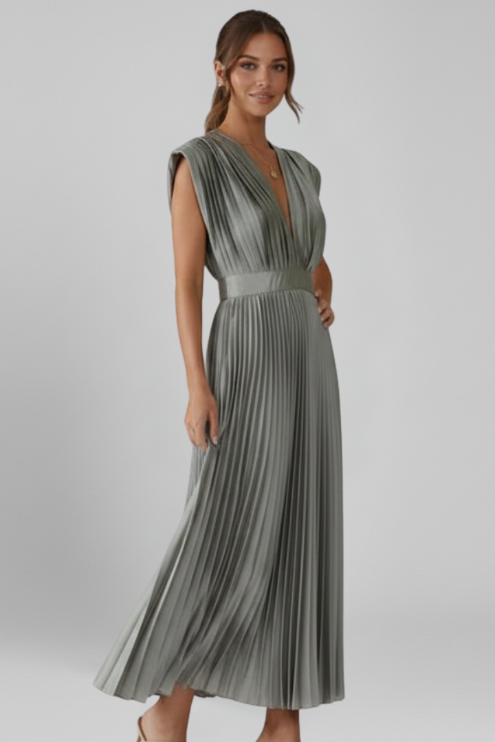 Novara | Classic Long Pleated Party Midi Dress with Elegant V-Neckline