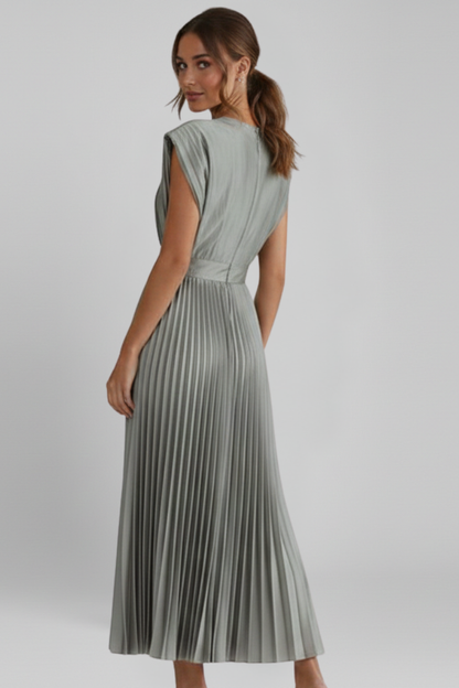 Novara | Classic Long Pleated Party Midi Dress with Elegant V-Neckline