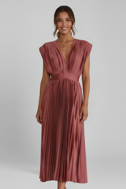 Novara | Classic Long Pleated Party Midi Dress with Elegant V-Neckline