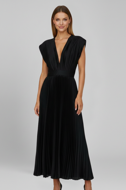 Novara | Classic Long Pleated Party Midi Dress with Elegant V-Neckline