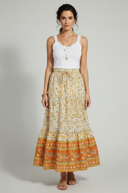 Mavelynn | Sophisticated Printed Border Midi Skirt with Stretch Waist Fit
