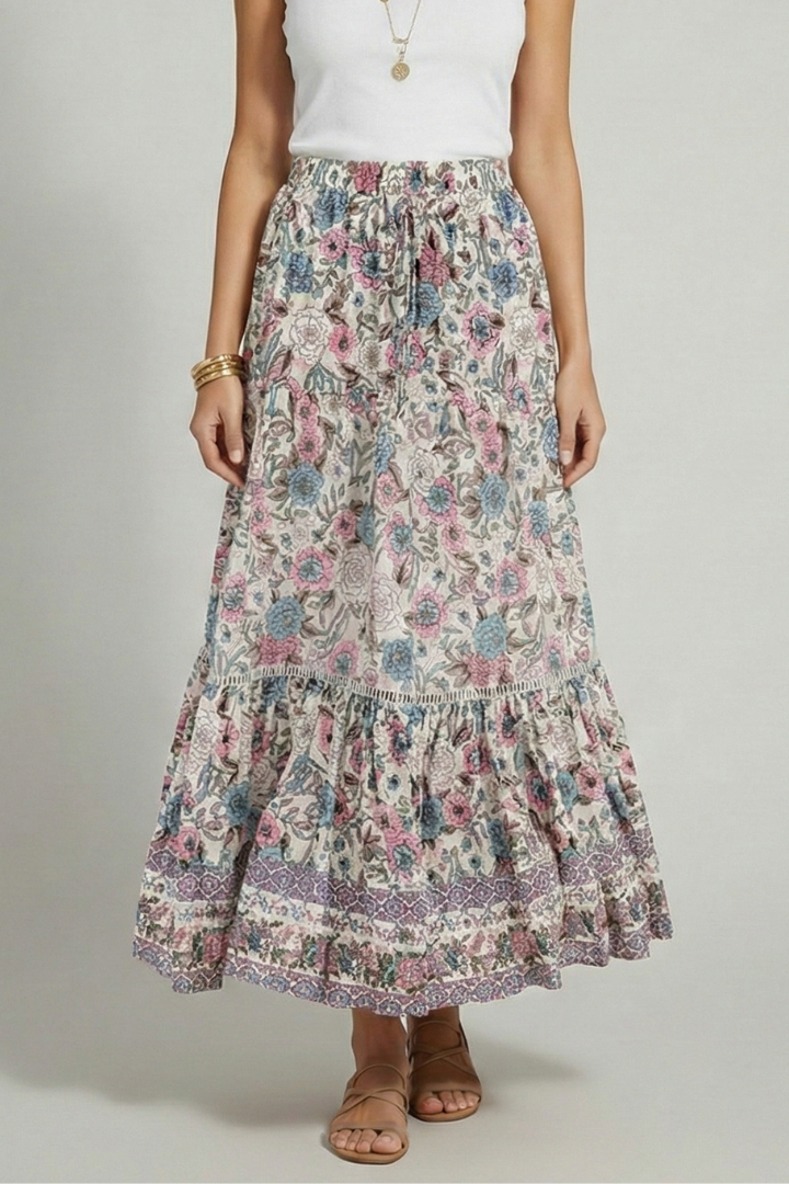 Mavelynn | Sophisticated Printed Border Midi Skirt with Stretch Waist Fit