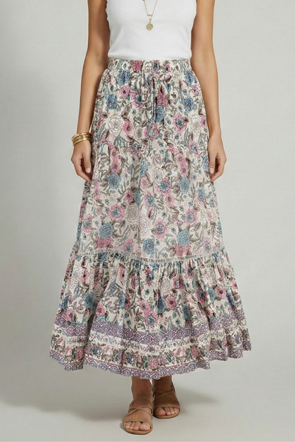 Mavelynn | Sophisticated Printed Border Midi Skirt with Stretch Waist Fit
