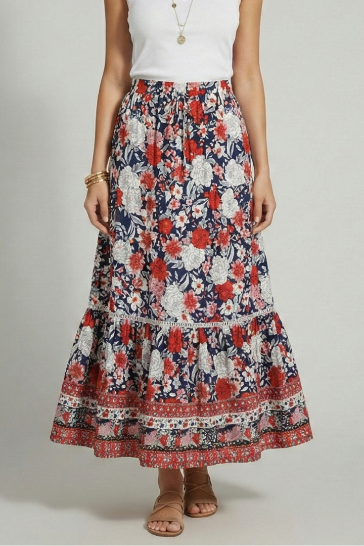 Mavelynn | Sophisticated Printed Border Midi Skirt with Stretch Waist Fit
