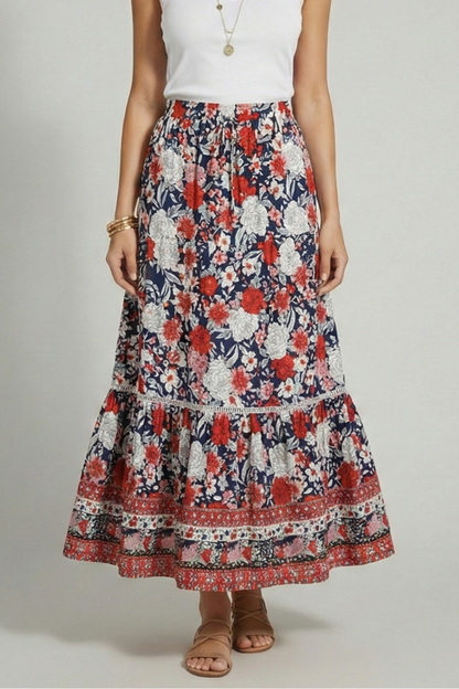 Mavelynn | Sophisticated Printed Border Midi Skirt with Stretch Waist Fit