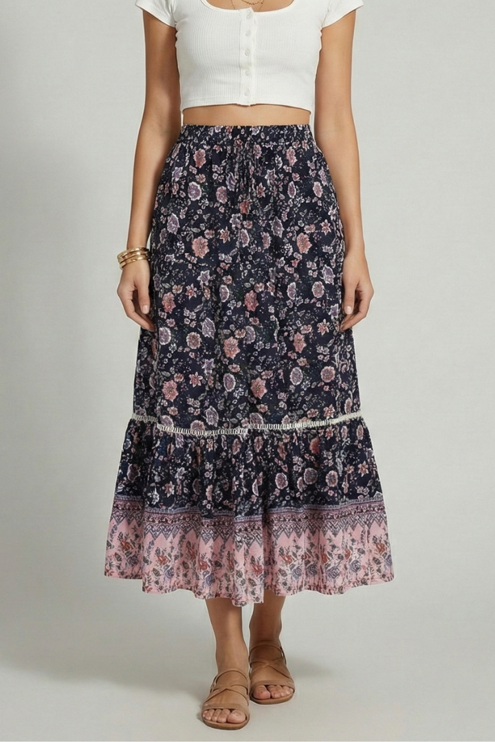 Mavelynn | Sophisticated Printed Border Midi Skirt with Stretch Waist Fit