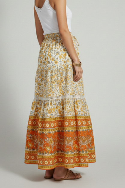 Mavelynn | Sophisticated Printed Border Midi Skirt with Stretch Waist Fit