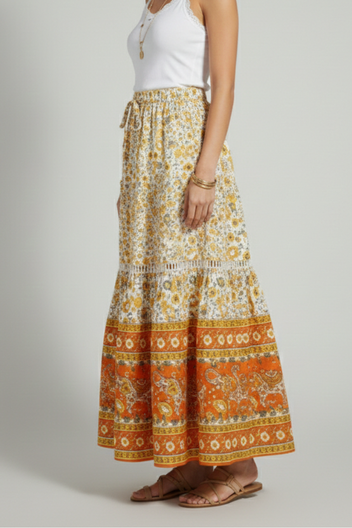 Mavelynn | Sophisticated Printed Border Midi Skirt with Stretch Waist Fit