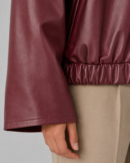 Women's Faux Leather Jacket - Cropped Zip Up Relaxed Fit