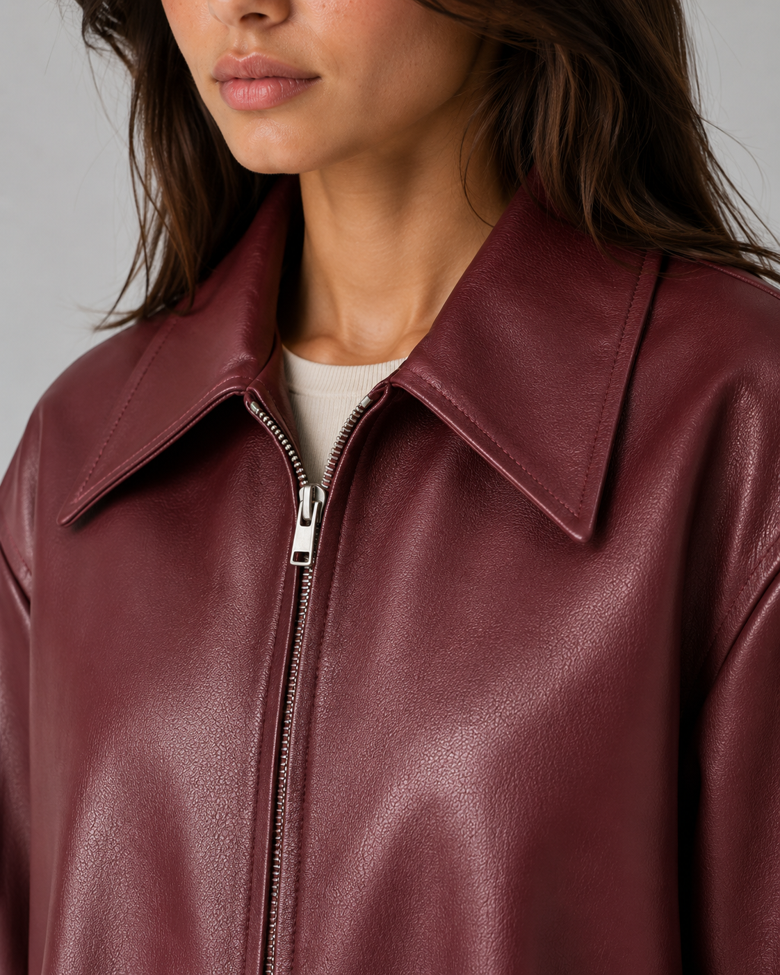 Women's Faux Leather Jacket - Cropped Zip Up Relaxed Fit