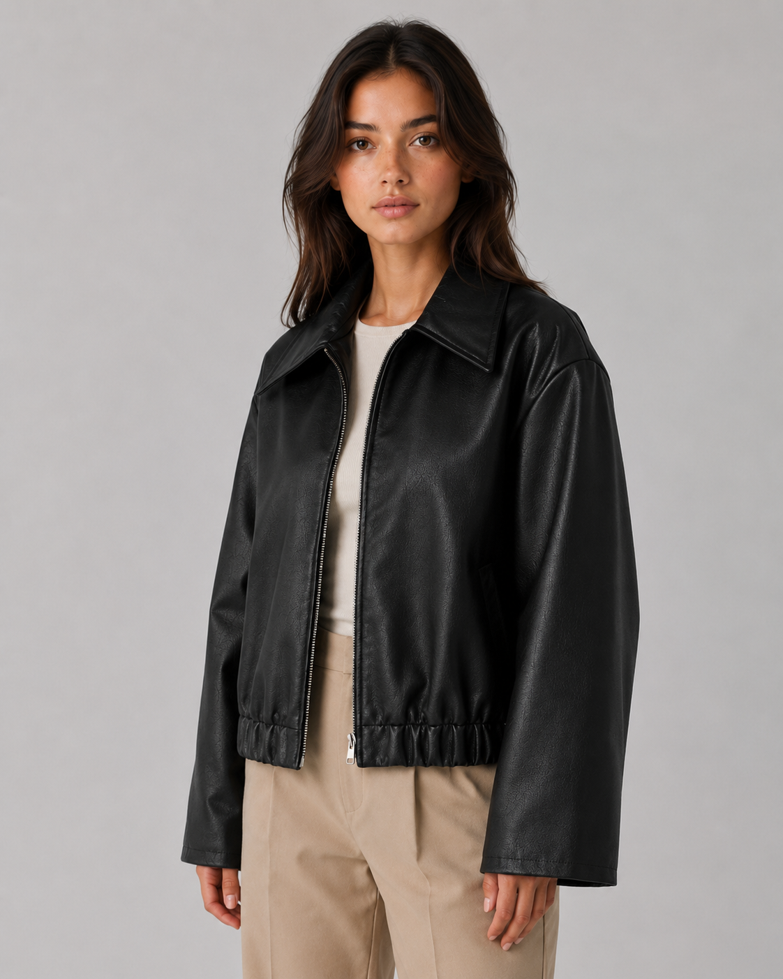 Women's Faux Leather Jacket - Cropped Zip Up Relaxed Fit