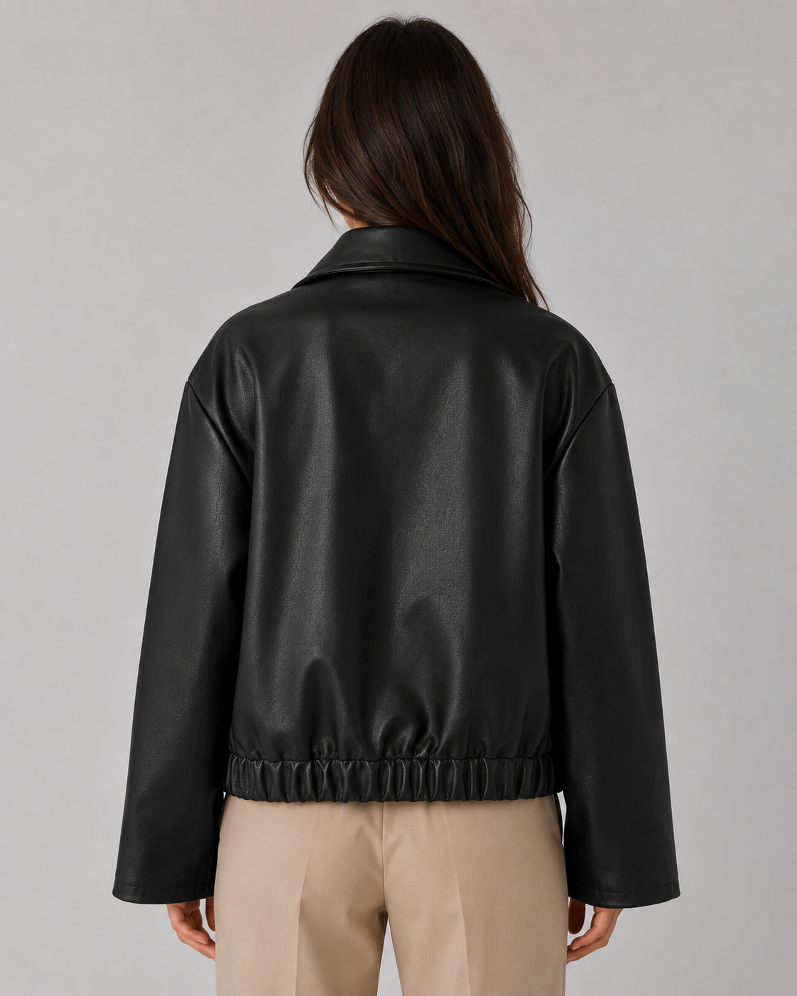 Women's Faux Leather Jacket - Cropped Zip Up Relaxed Fit