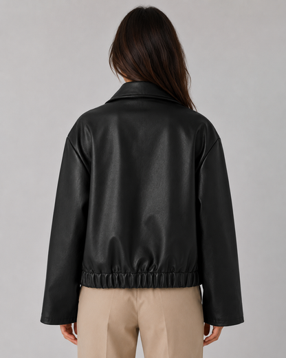 Women's Faux Leather Jacket - Cropped Zip Up Relaxed Fit
