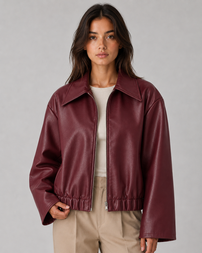 Women's Faux Leather Jacket - Cropped Zip Up Relaxed Fit