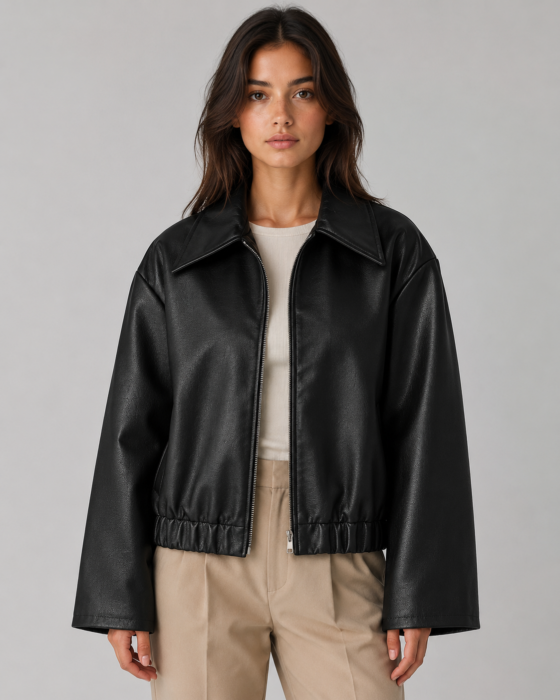 Women's Faux Leather Jacket - Cropped Zip Up Relaxed Fit