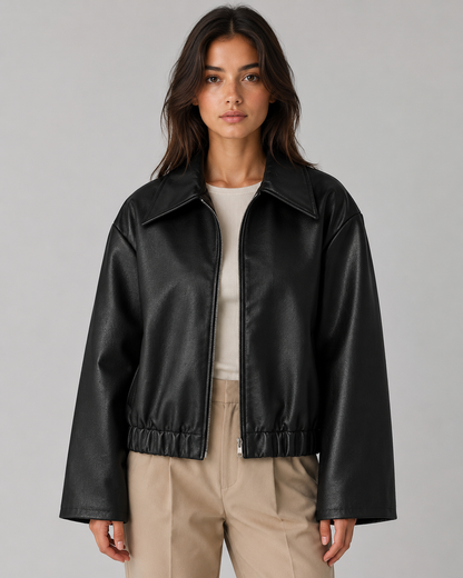 Women's Faux Leather Jacket - Cropped Zip Up Relaxed Fit