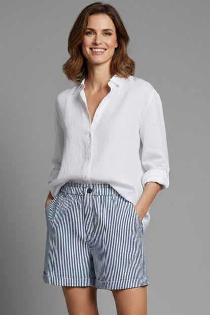 Rosindra | Fashion Vertical Stripes Shorts with Button Waist and Side Pocket Detail