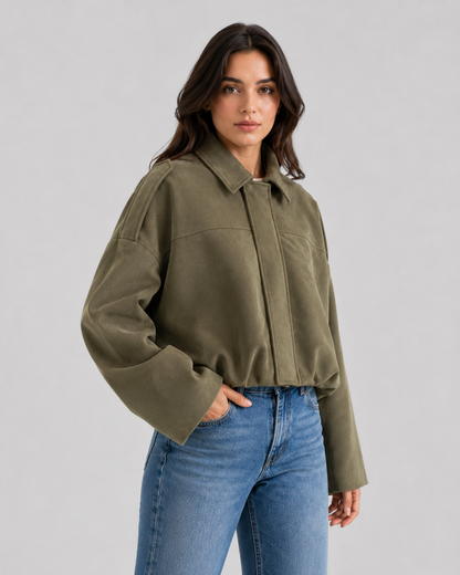 Women's Suede Jacket - Cropped Zip Up Casual Jacket