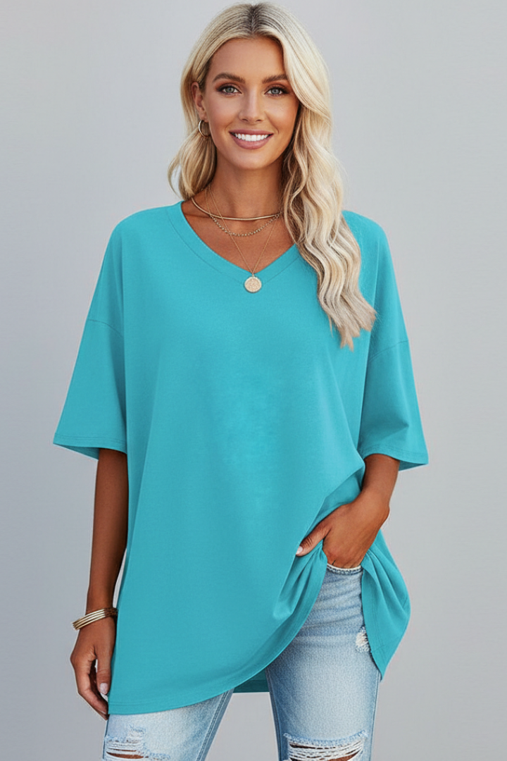 Milenda | Stunning V-Shaped T-Shirt with Dropped Shoulder Style