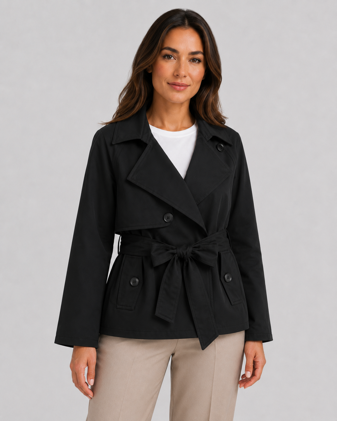 Women's Cropped Trench Coat - Double Breasted Tie Waist