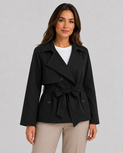 Women's Cropped Trench Coat - Double Breasted Tie Waist