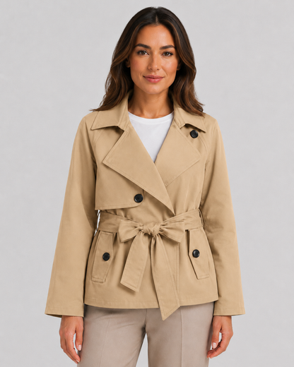 Women's Cropped Trench Coat - Double Breasted Tie Waist